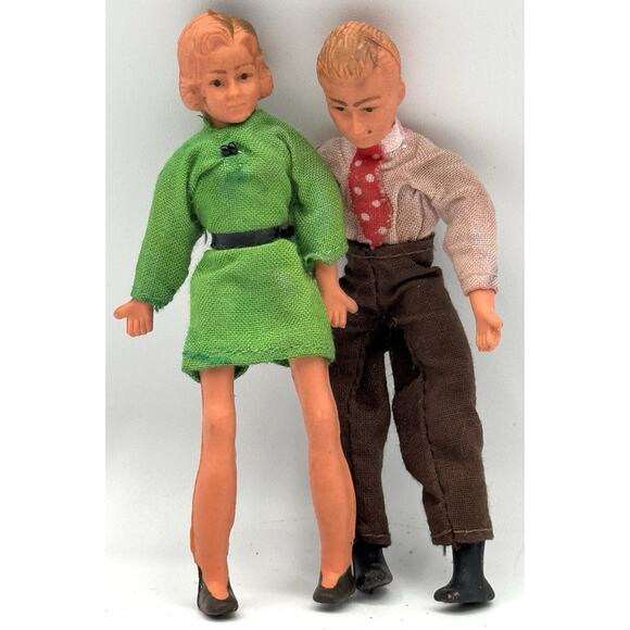 Vintage Caco Dolls Dad Mom Set 2 Dollhouse Couple Thread Wrapped Bendable Limbs - Picture 1 of 10